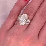 Load image into Gallery viewer, Antique Oval Moissanite Three Stone Ring: 14K Yellow Gold Bezel Wedding Band
