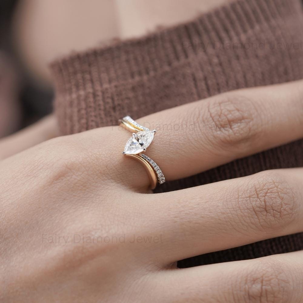 East West Marquise Moissanite Diamond Ring Set, 14K Yellow Gold Bypass Wedding Anniversary Ring