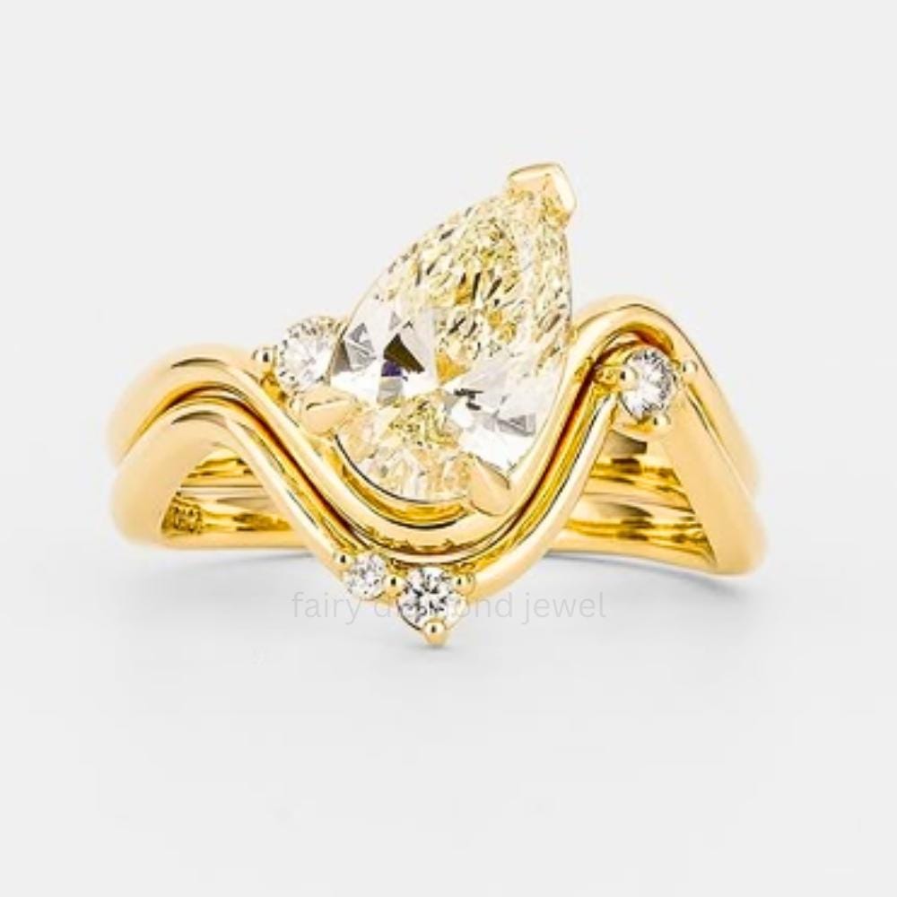 Pear Moissanite Diamond Ring Set: 14k Gold East West Wedding Band