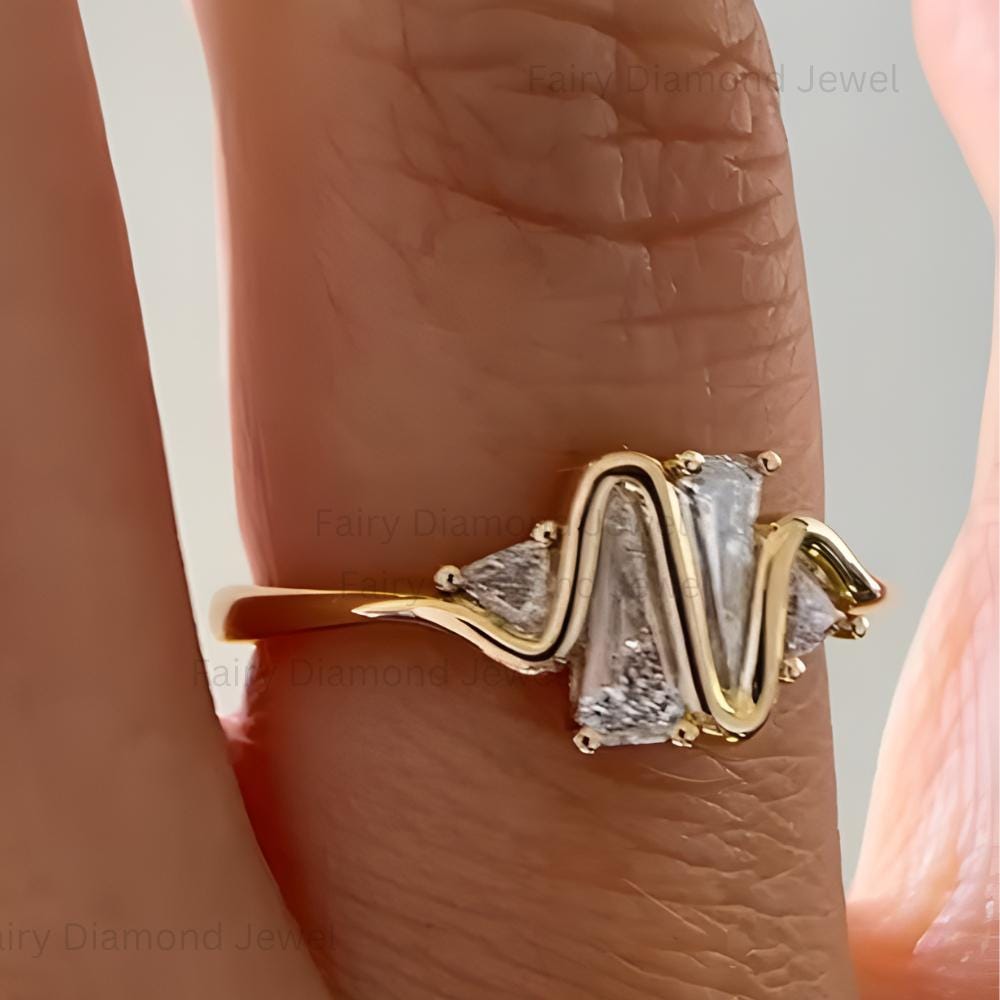 Trillion Moissanite Heartbeat Ring: 14k Yellow Gold Diamond Engagement Ring