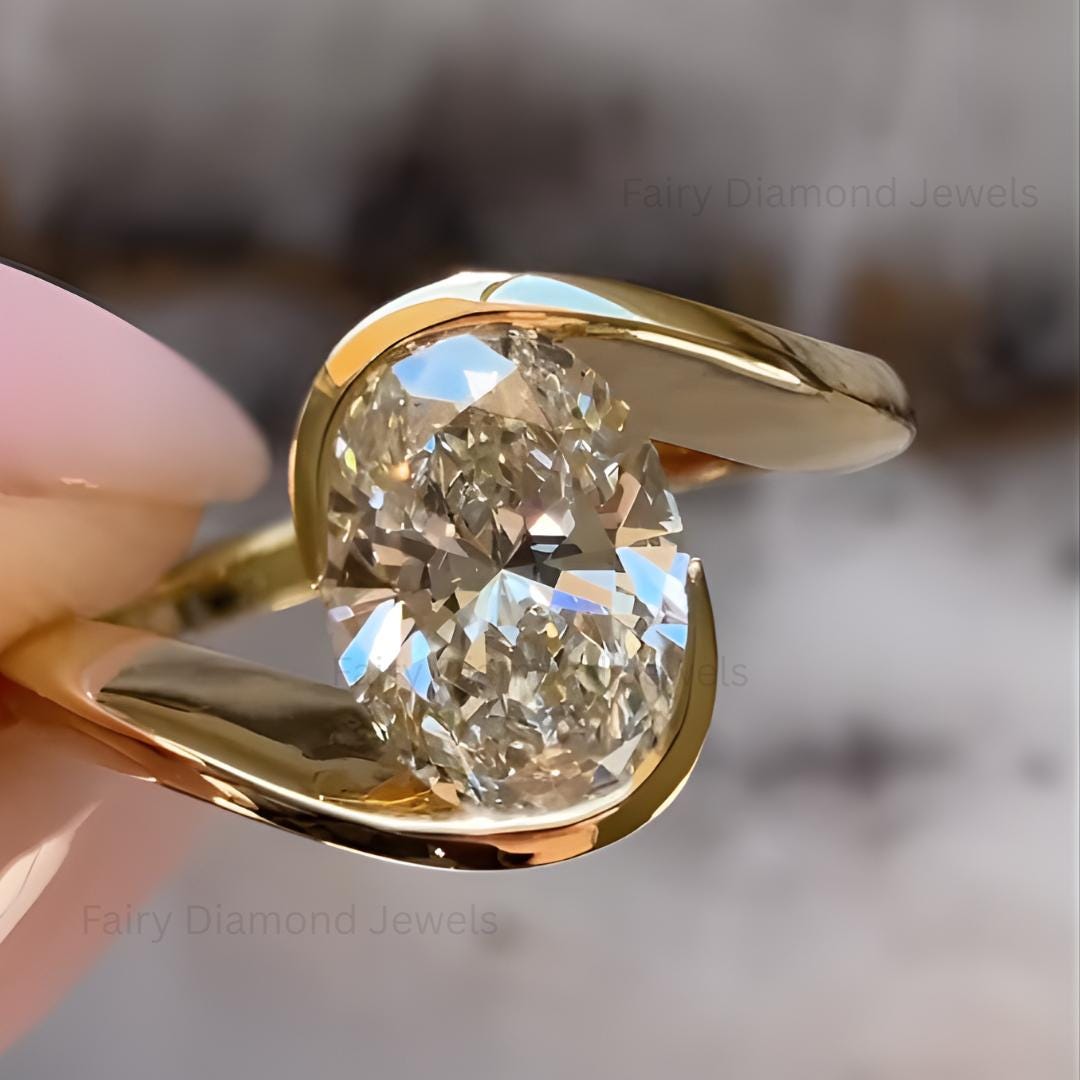3 Ct Oval Moissanite Engagement Ring: 14K Yellow Gold Bypass Bridal Ring