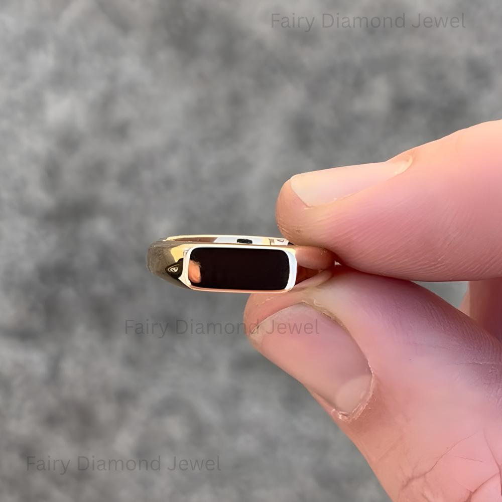 14K Gold Rectangular Signet Ring, Blue Enamel Pinky Band, Minimalist Jewelry