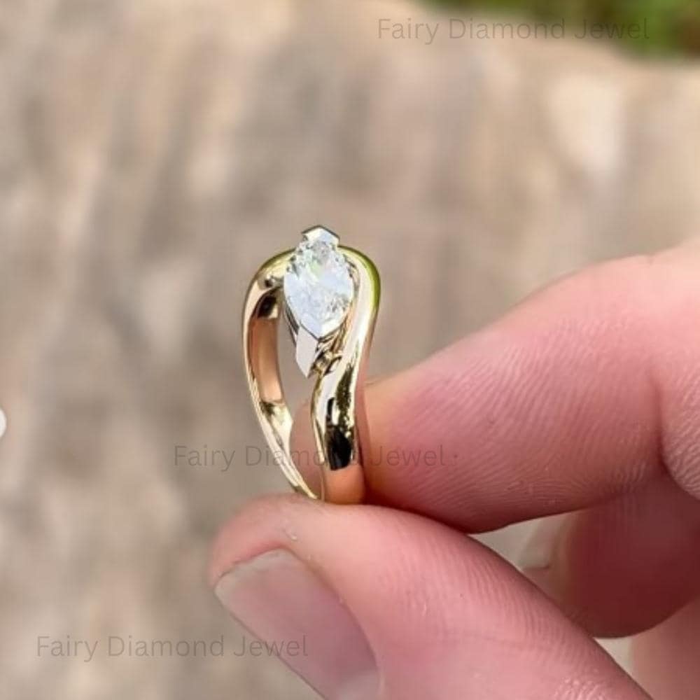 14K Gold Marquise Moissanite Bypass Ring: Modern East-West Wave Engagement Band