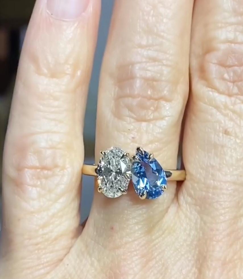 14K Gold Toi et Moi Ring: Pear Aquamarine & Oval Moissanite Engagement