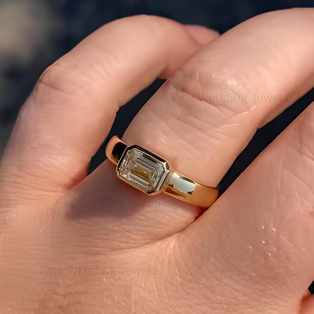 Emerald Cut Moissanite Wedding Band: 14k Yellow Gold Bezel Set Ring