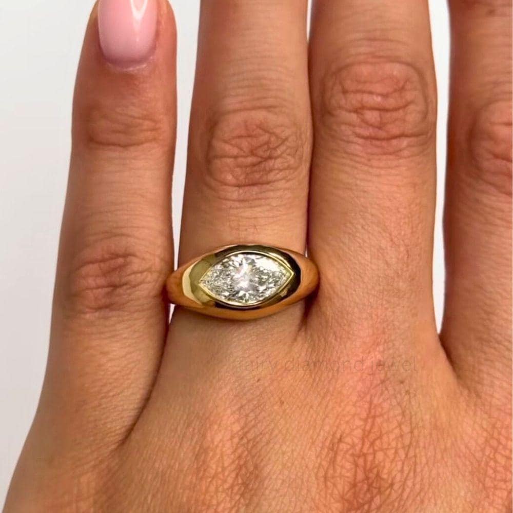 Marquise Moissanite Signet Ring: 14k Gold Domed Wedding Band