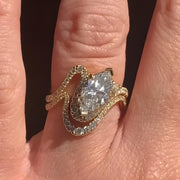 East West Marquise Moissanite Ring Set, 14k Gold Pave Chevron Wedding Band