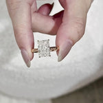 Load image into Gallery viewer, Radiant Cut Moissanite Engagement Ring: 14K Gold Hidden Halo, Silver Prongs
