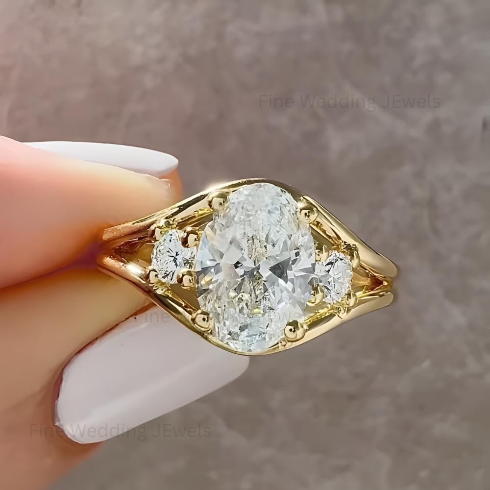 1.5Ct Oval Moissanite Trilogy Split Shank Ring: Unique 14k Gold Art Deco Wedding Engagement Promise Ring for Women