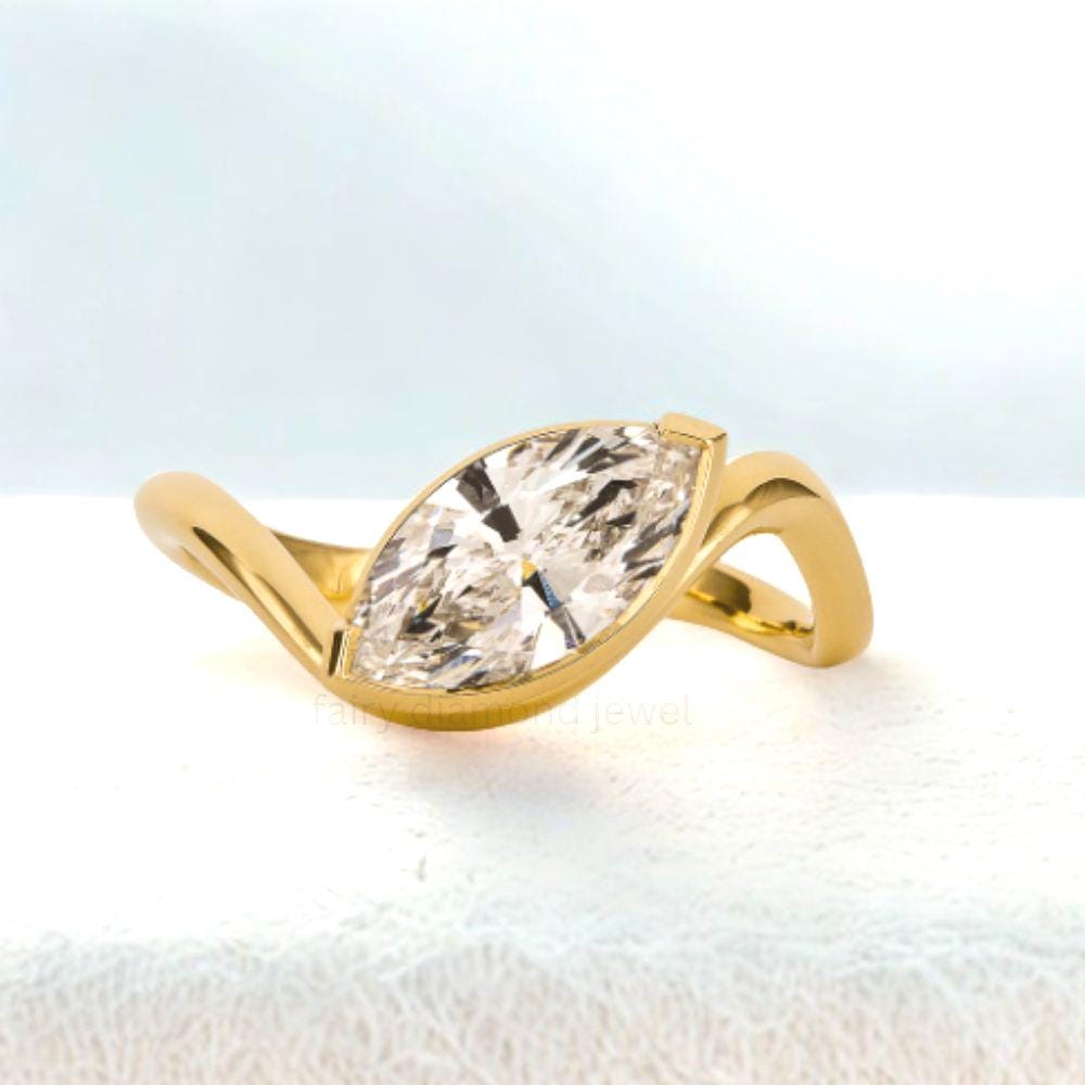 Marquise Moissanite Engagement Promise Ring: East-West 14k Yellow Gold Wedding Band