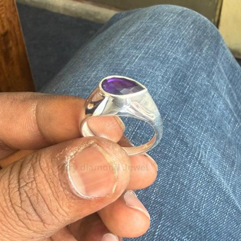 Pear Amethyst Signet Ring, Art Deco Sterling Silver, 14K White Gold Band