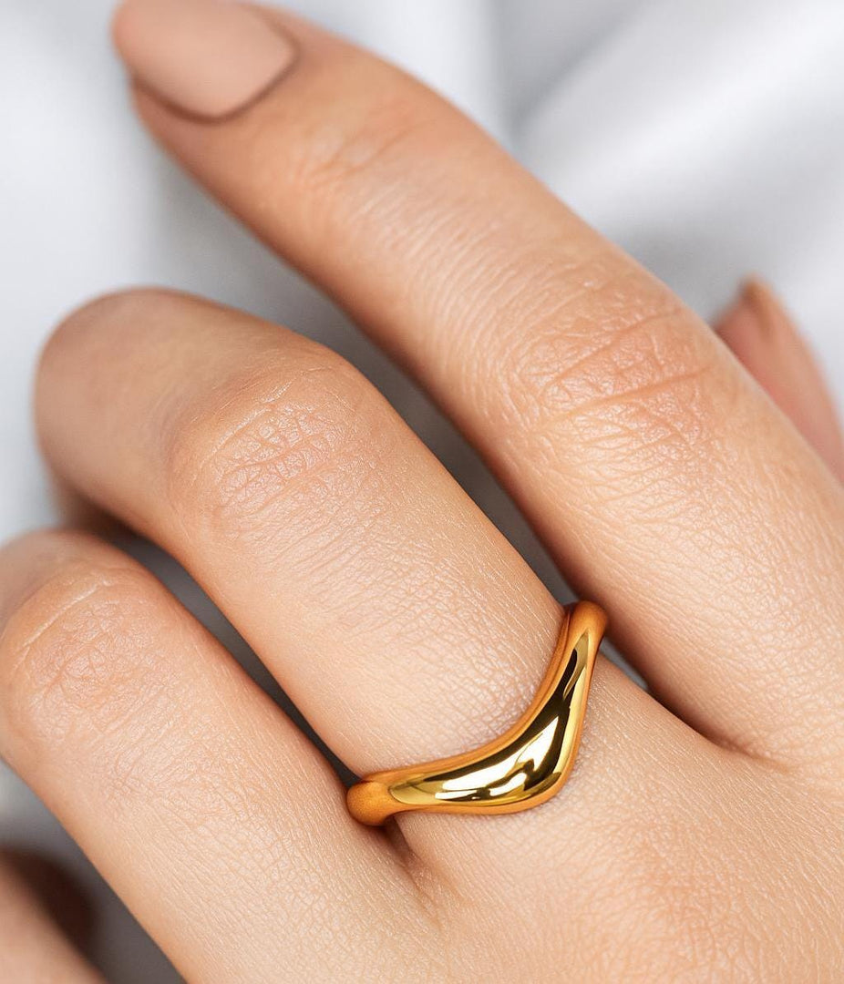 14K Gold Chevron Curved Dome Wedding Band, Chunky Amplify Silver 925 Stacking Engagement Ring