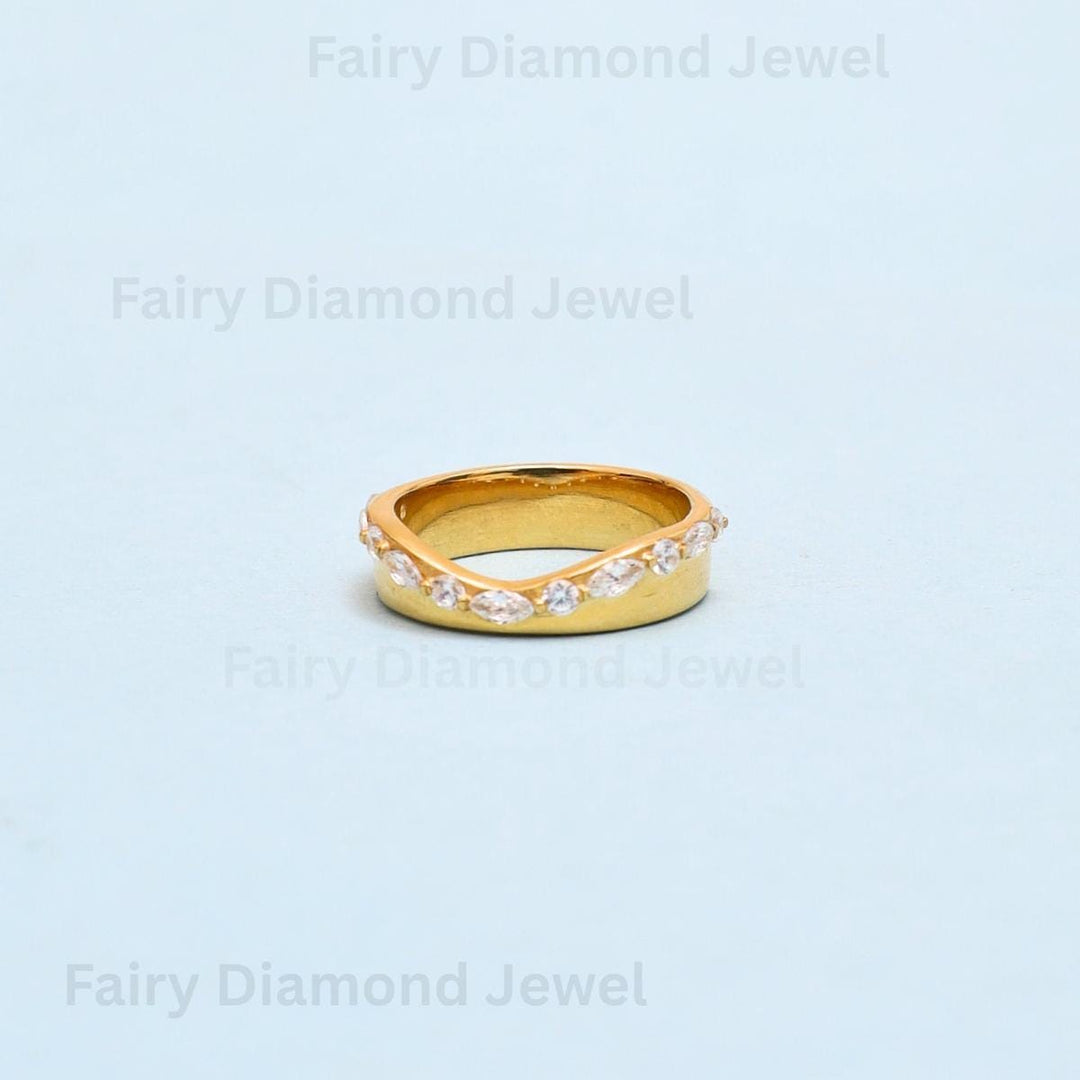 Moissanite Marquise 14k Gold Wedding Band, Deep Curved Stacking Chevron Ring