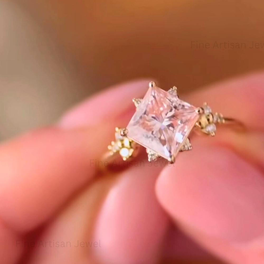 Princess Cut Moissanite Bridal Ring Set: 14K Gold Wedding Band