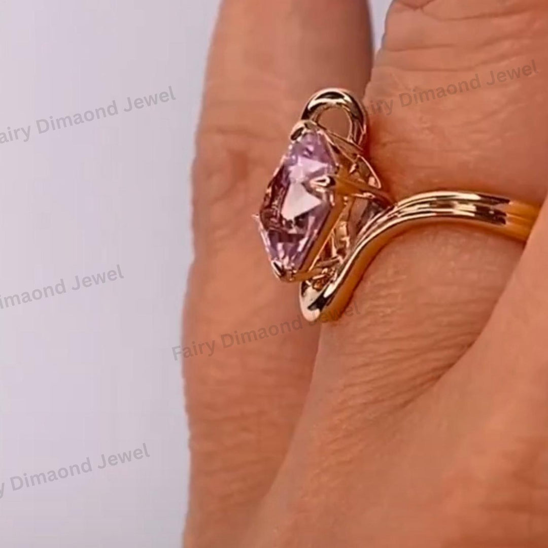 Radiant Cut Pink Sapphire Engagement Ring, 14k Yellow Gold Bridal Ring