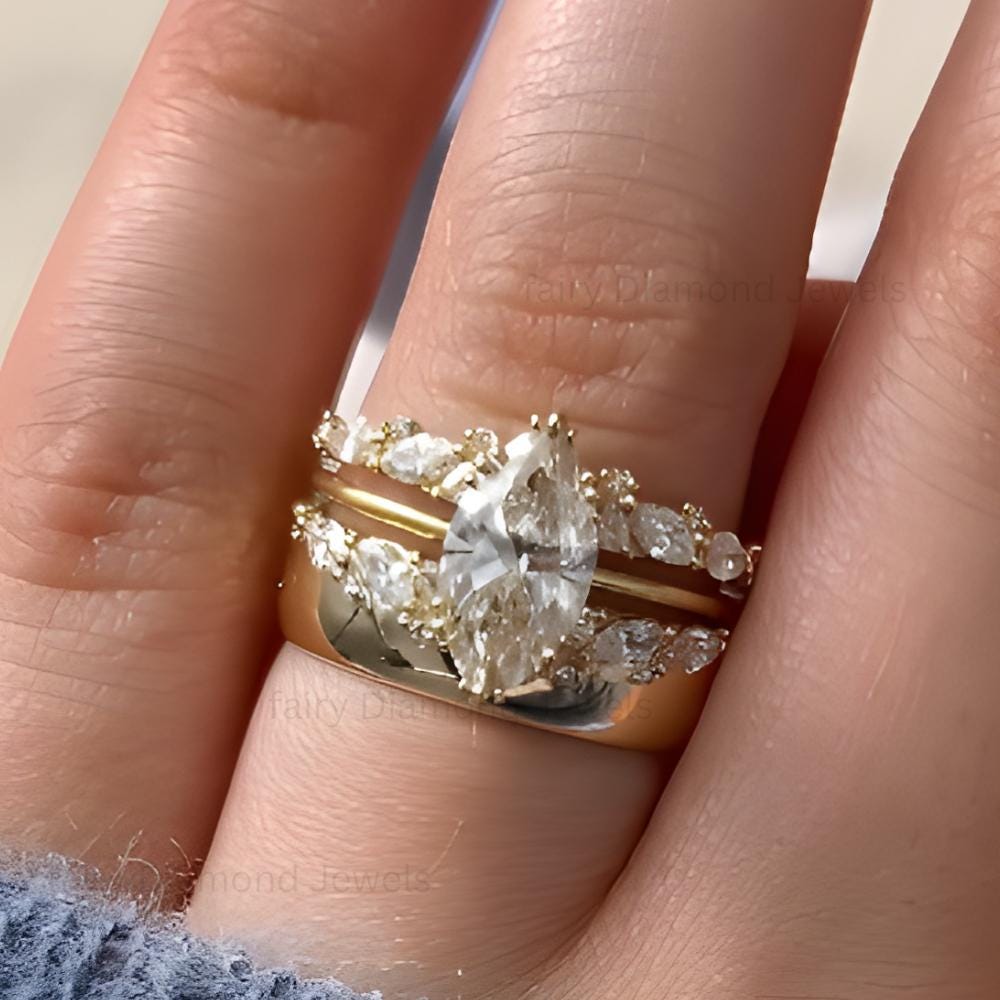 Marquise Moissanite Wedding Ring Set of 3: 14K Gold Lab Grown Diamond Curved Wide Solitaire Engagement Promise Ring