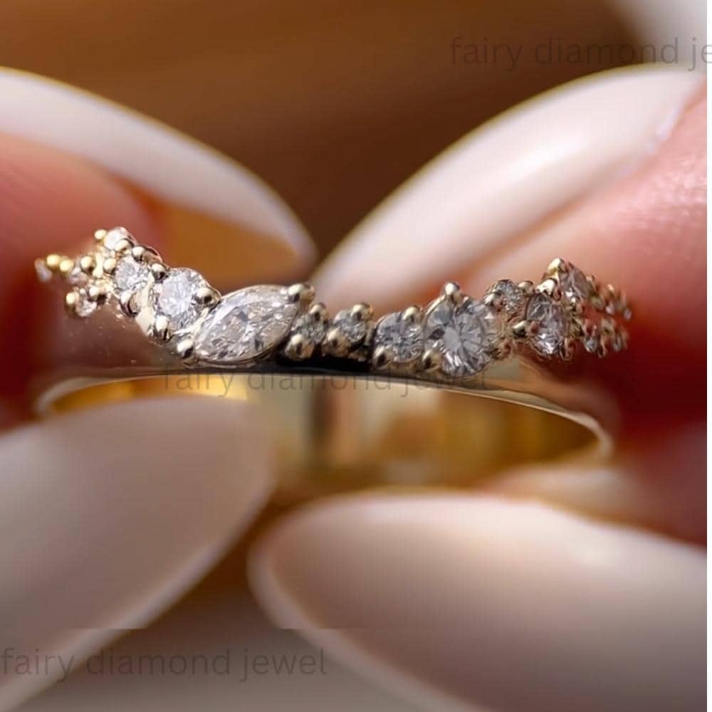Round & Marquise Moissanite Gold Curved Wide Band, Unique Wedding Stacking Engagement Ring, V Shape Band in 14k Solid Gold for Women
