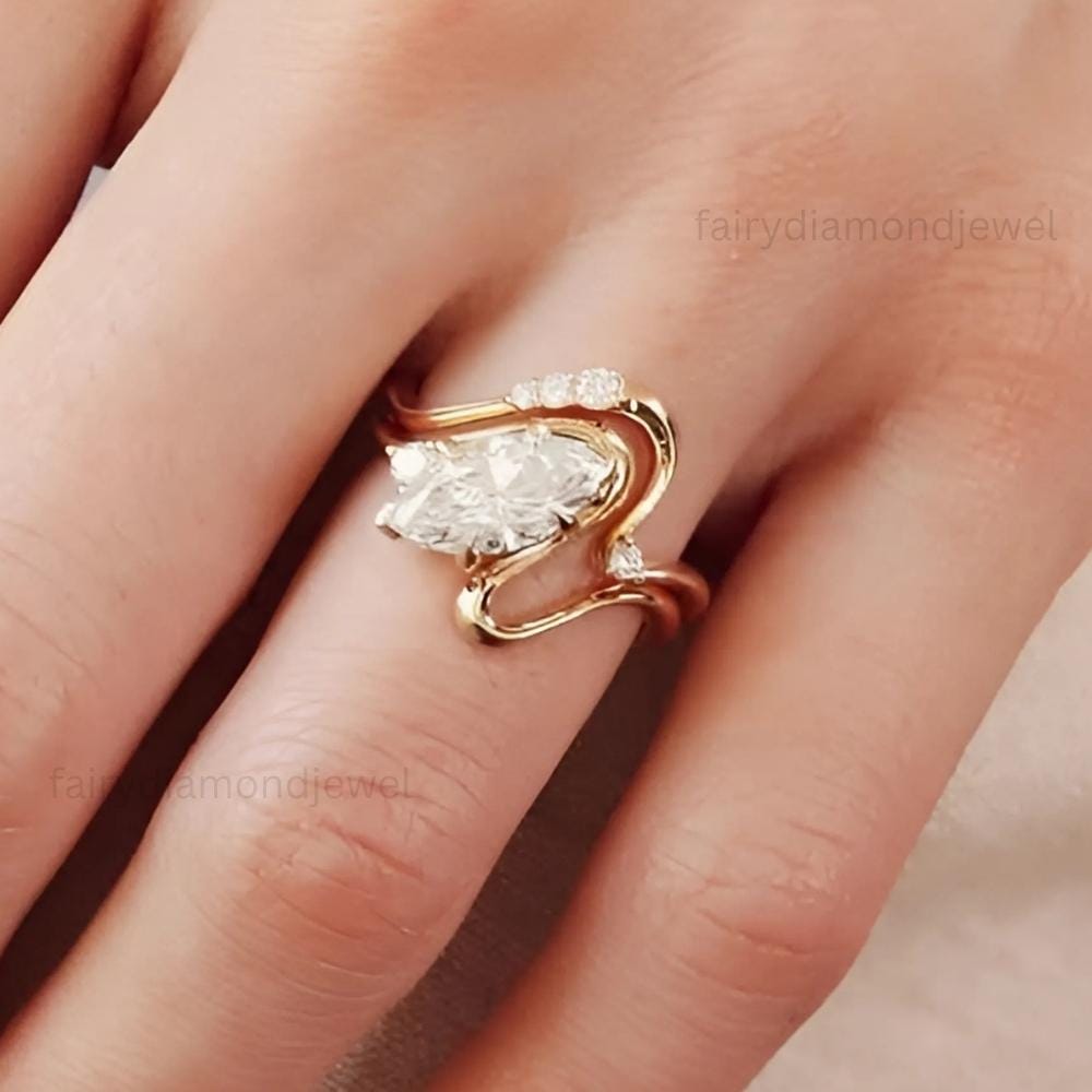 3Ct East West Marquise Moissanite Ring Set, 14k Gold Bridal Anniversary Wedding Engagement Ring Set