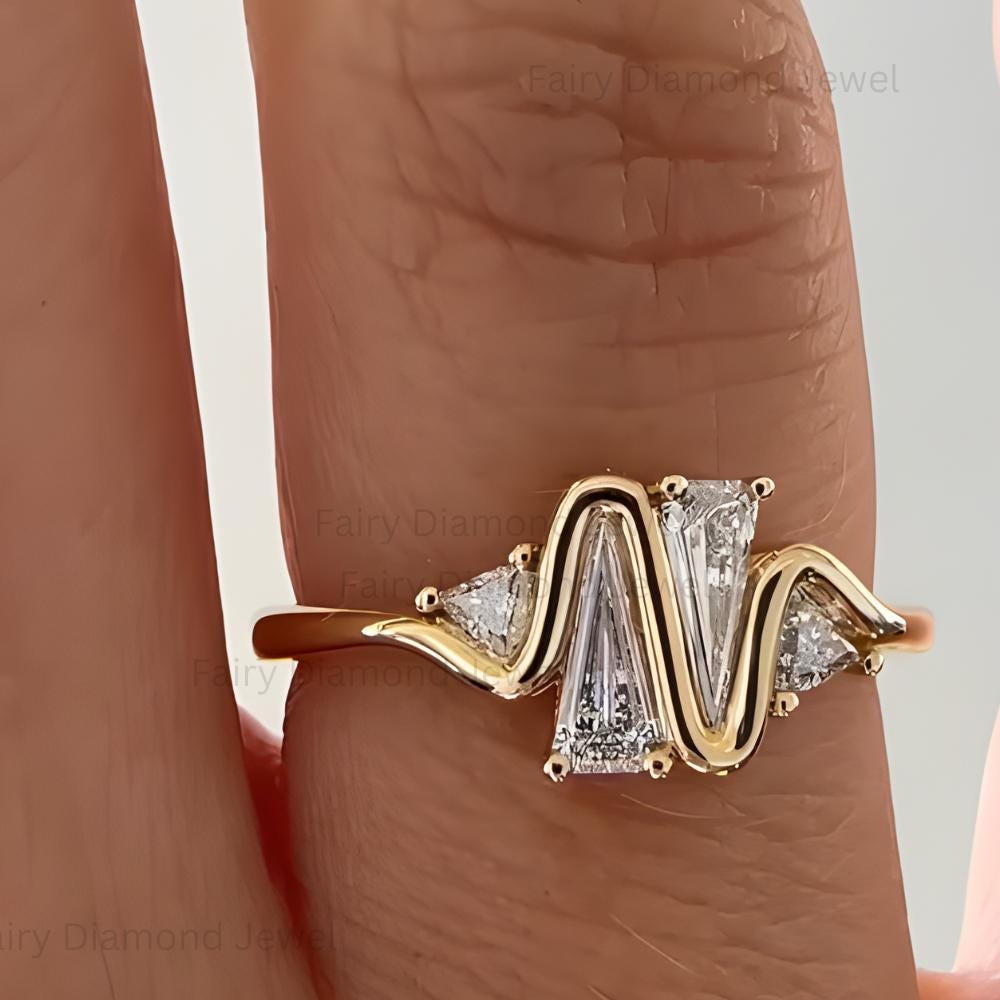 Trillion Moissanite Heartbeat Ring: 14k Yellow Gold Diamond Engagement Ring