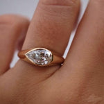 Load image into Gallery viewer, 2 Carat East West Pear Moissanite Engagement Ring, Bezel Set 14K Solid Gold Wedding Solitaire Band, Chunky Thick Bridal Engagement Ring
