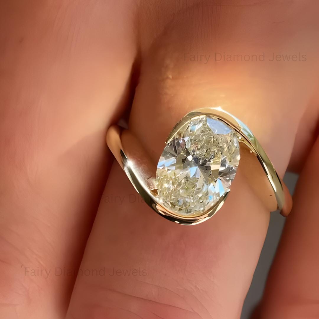 3 Ct Oval Moissanite Engagement Ring: 14K Yellow Gold Bypass Bridal Ring