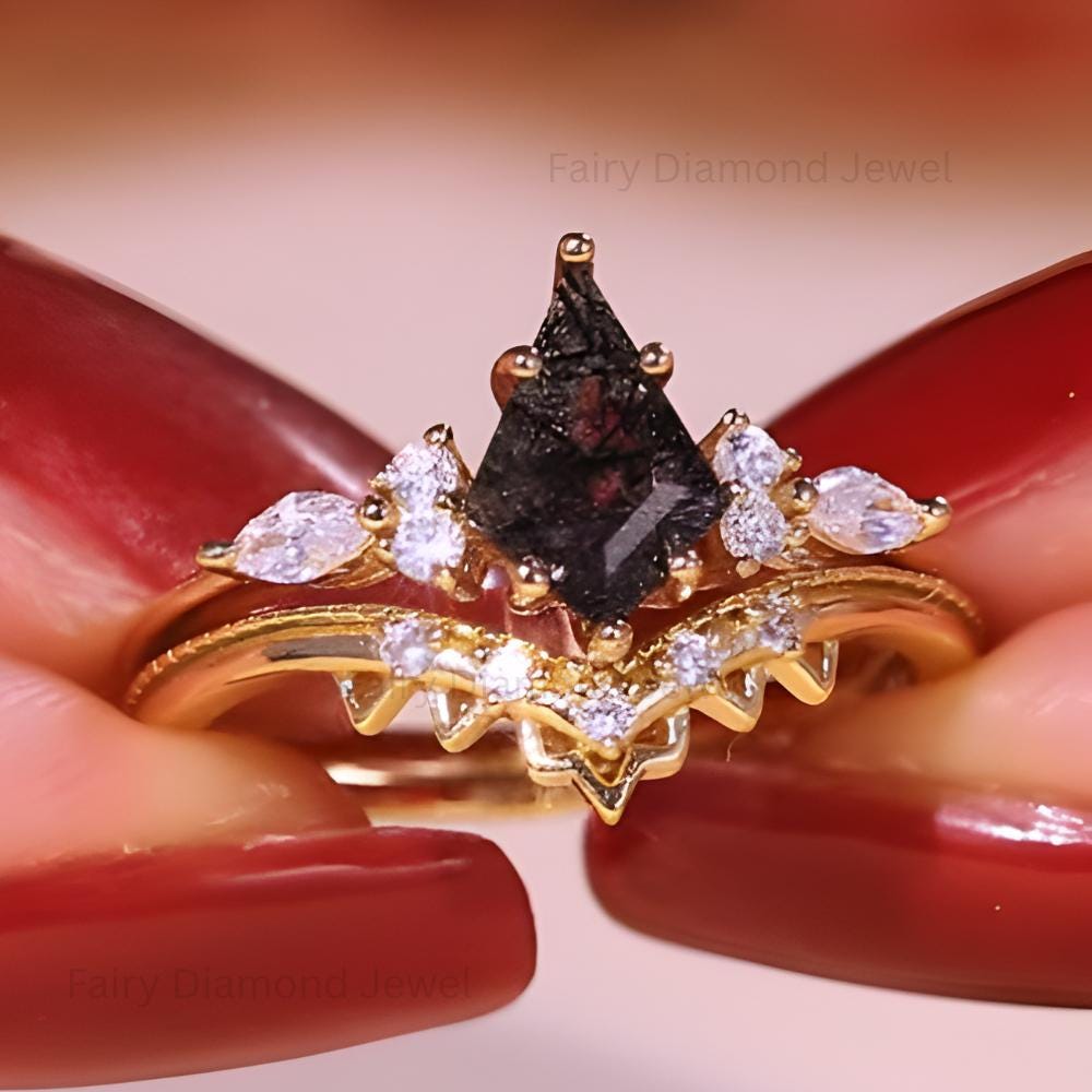 Kite Cut Black Rutilated Quartz Fairy Ring Set: Art Deco 14K Gold, Moissanite