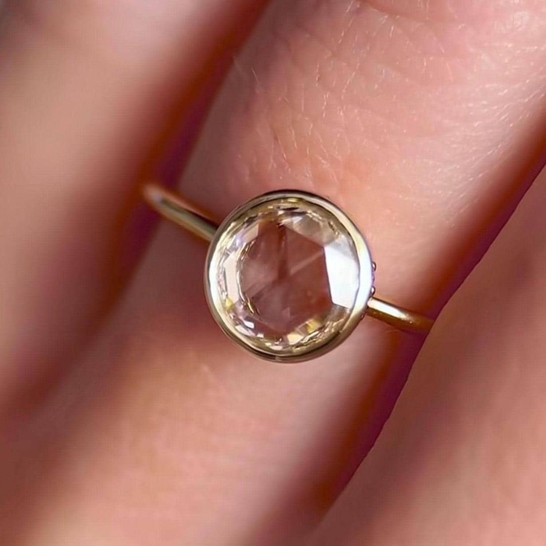 Rose Cut Moissanite Engagement Ring: 14K Gold Halo Bezel