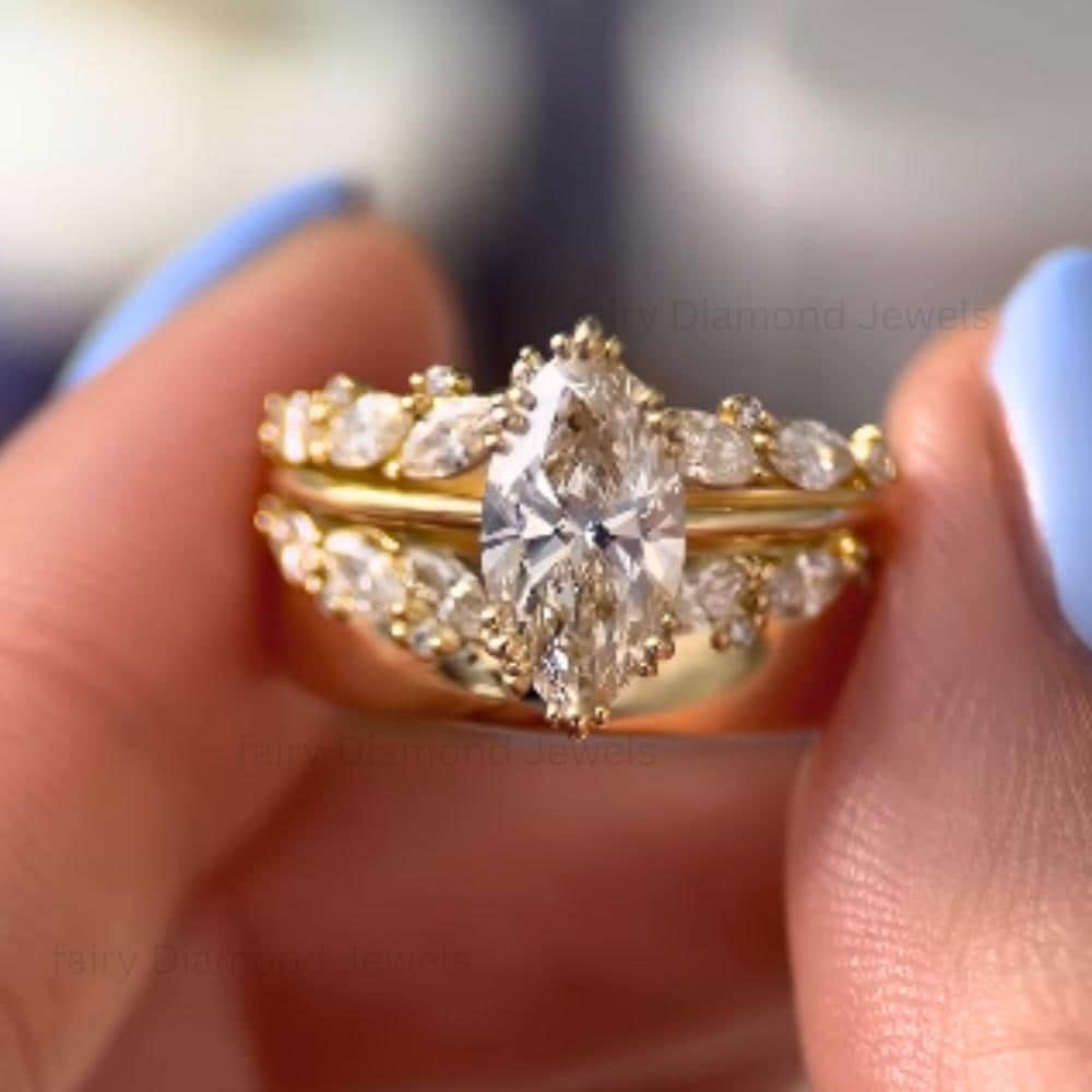 Marquise Moissanite Wedding Ring Set of 3: 14K Gold Lab Grown Diamond Curved Wide Solitaire Engagement Promise Ring