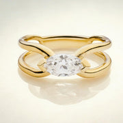 East West Marquise Moissanite Bypass Ring: 14K Yellow Gold Double Band Engagement Promise