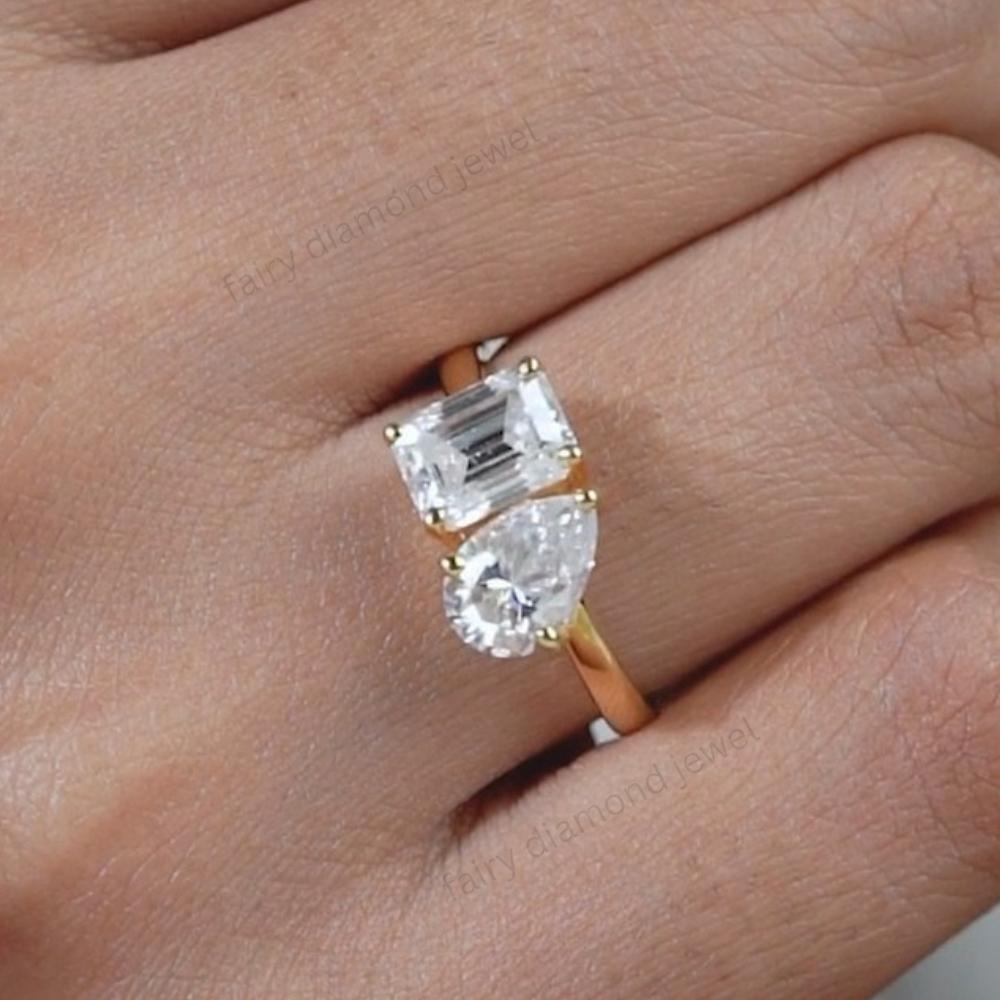 Moissanite Toi et Moi Ring: Pear & Emerald Cut, 14K Yellow Gold