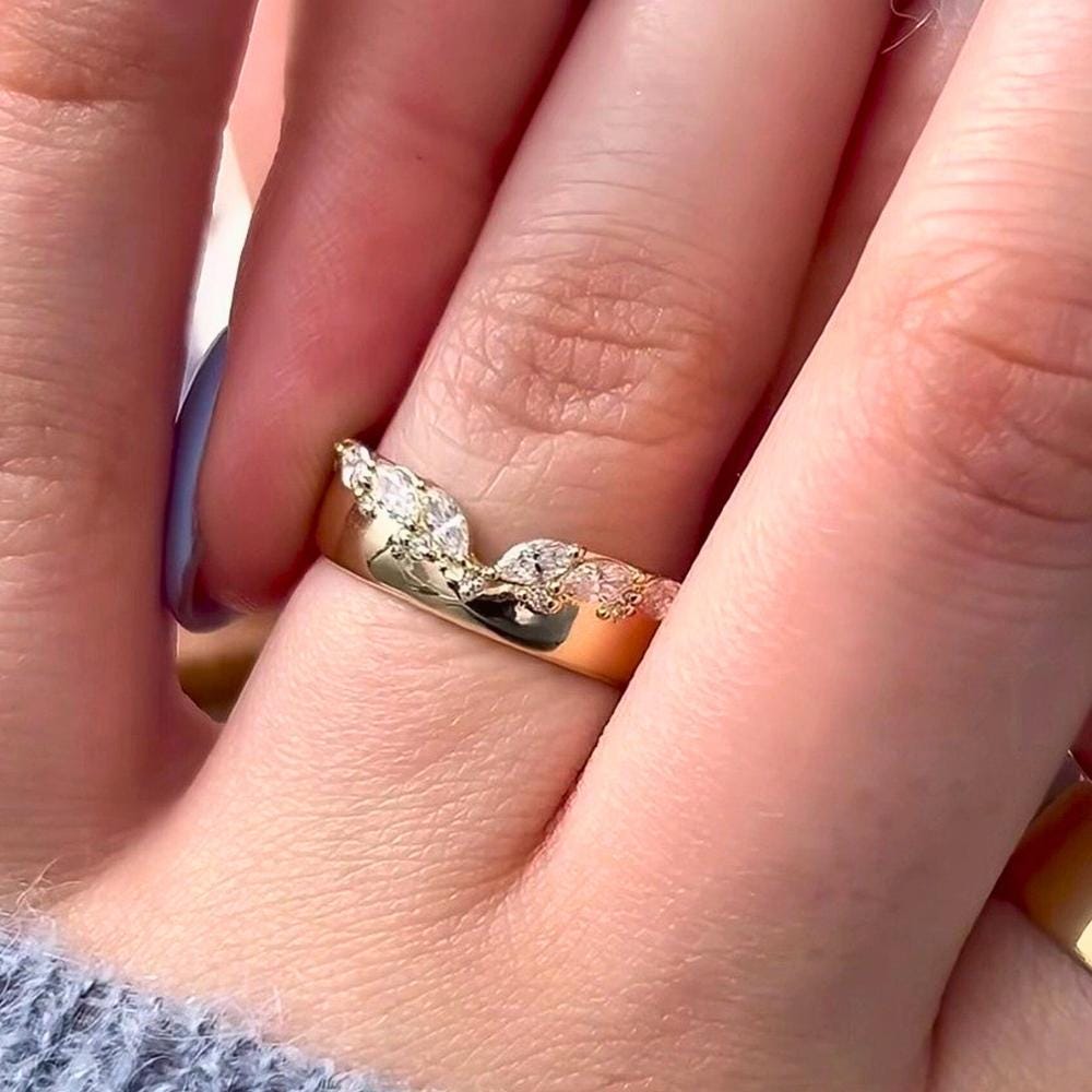 Marquise Moissanite Wedding Curved Wide Band: 14k Gold Diamond Chevron Stacking Engagement Ring