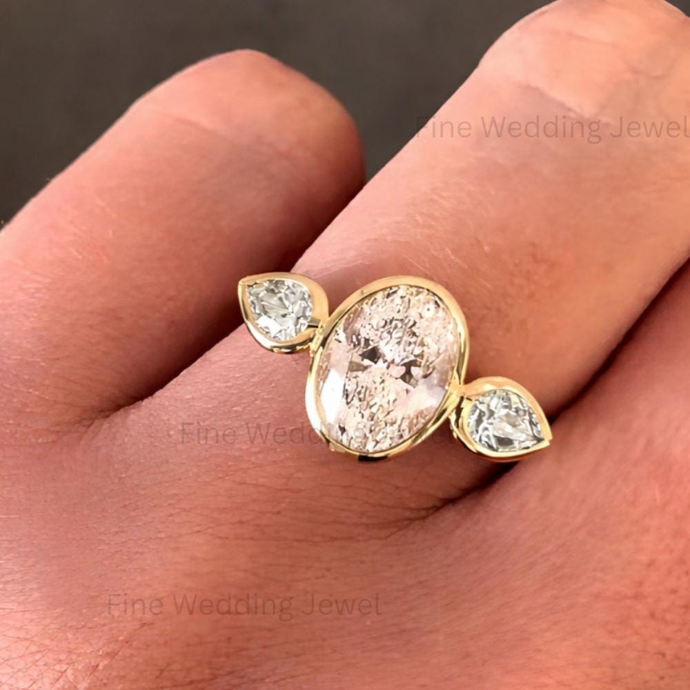 Oval Pear Moissanite Trilogy Ring: Modern 14K Gold 3 Stone Engagement Bridal