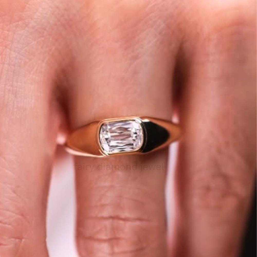 18k gold moissanite signet ring: chunky bezel set wedding band