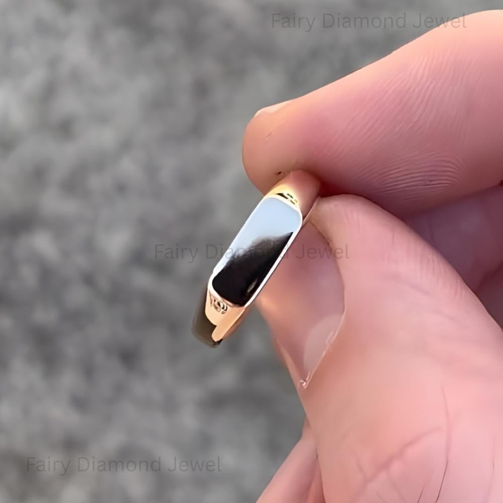 14K Gold Rectangular Signet Ring, Blue Enamel Pinky Band, Minimalist Jewelry