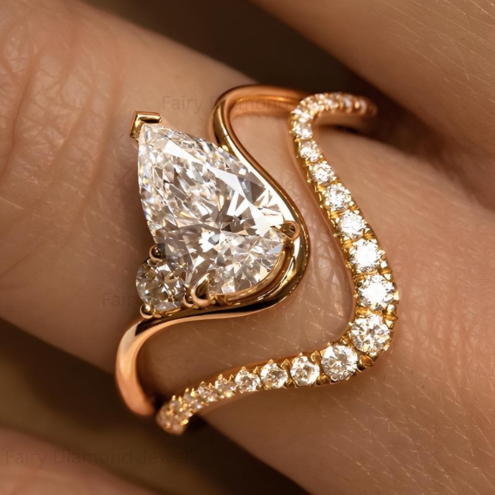 East West Pear Moissanite Ring Set, 14k Gold Pave Bridal Ring