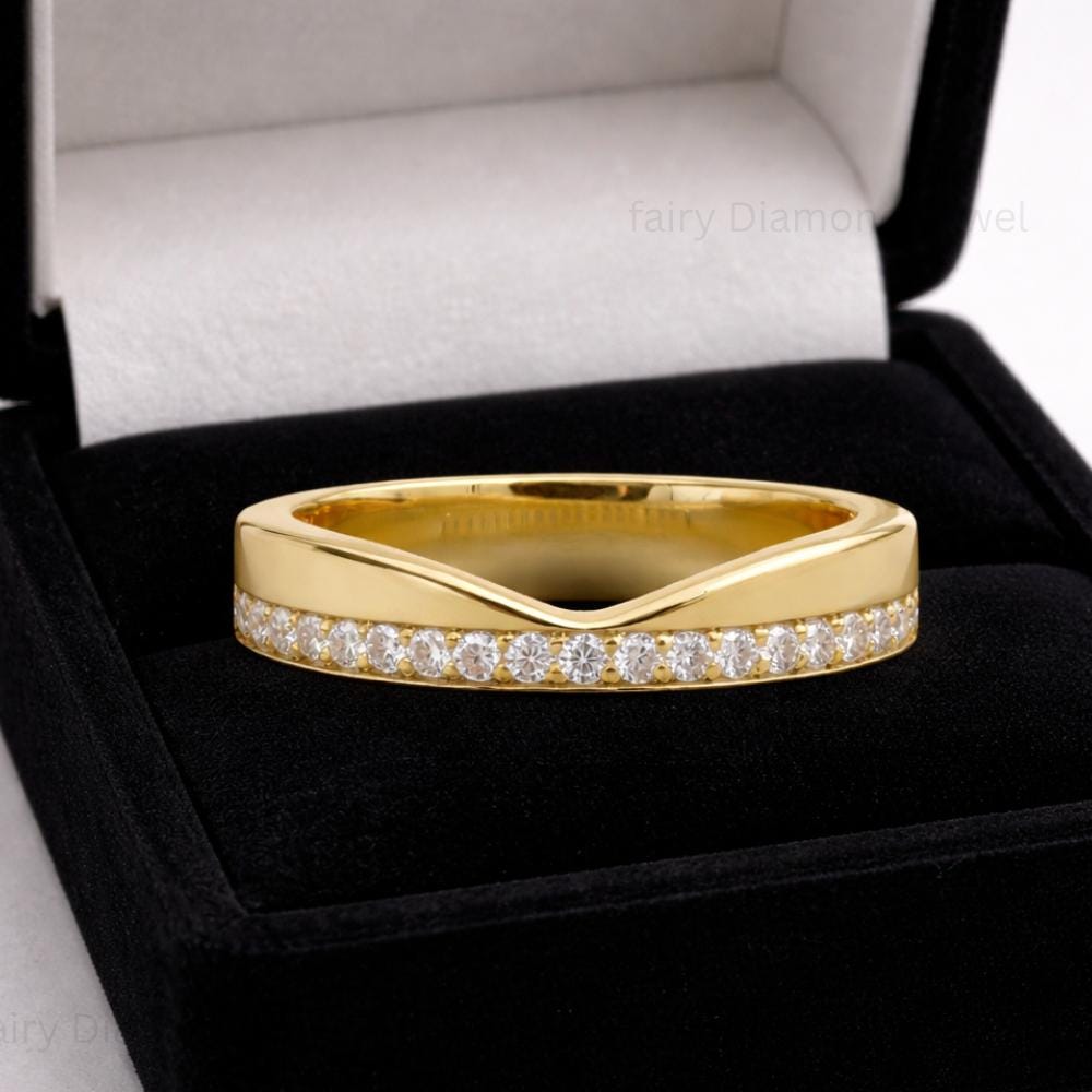 Round Moissanite Pave Curved Cigar Wedding Band, Minimalist V Shaped Diamond Chevron Stacking Thick Wide Band Ring, Unique Engagement Gift