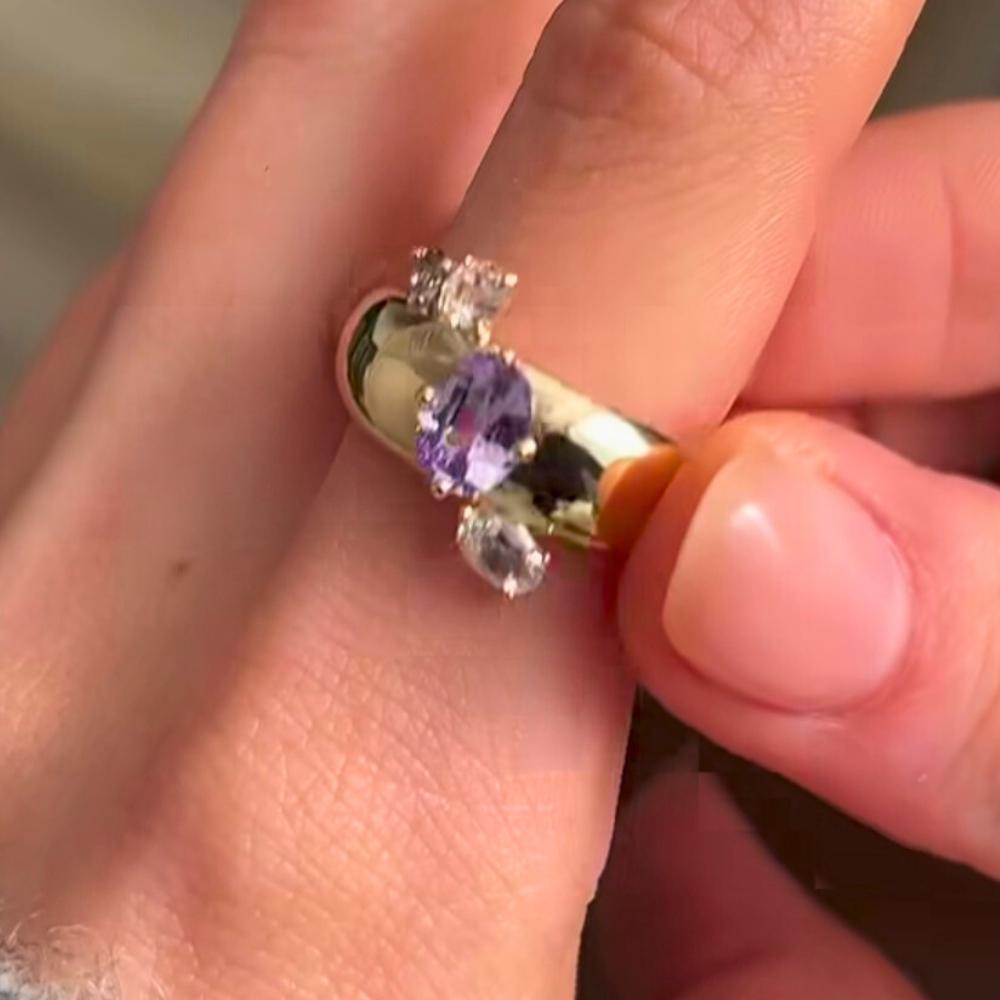 Lavender Sapphire Gold Cigar Band Ring, Rainbow Moonstone, 14k Solid Gold