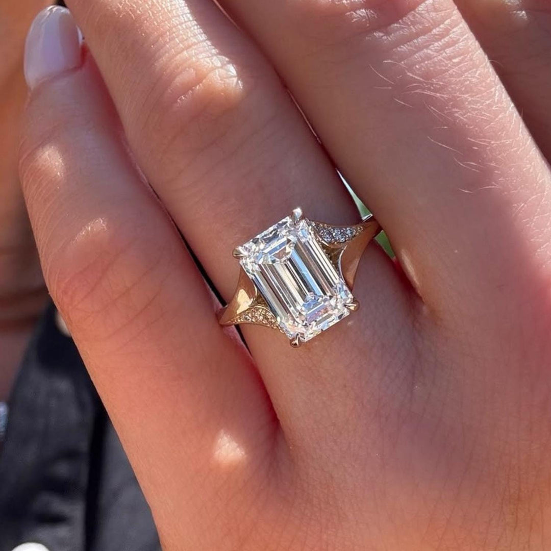 Emerald Cut Moissanite Wedding Solitaire Ring: Diamond Halo, 14K Split Shank Gold Engagement Ring