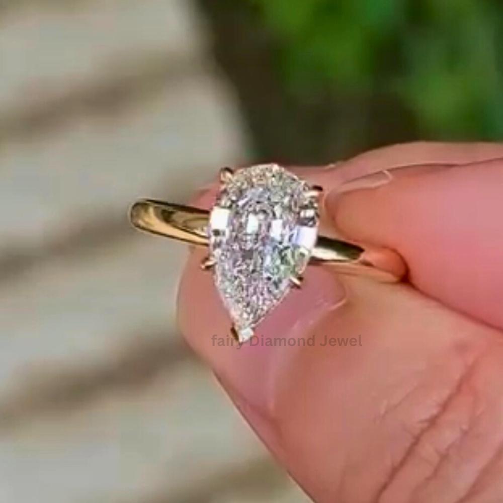 14K Gold Pear Moissanite Ring: Floral Basket Hidden Halo Engagement