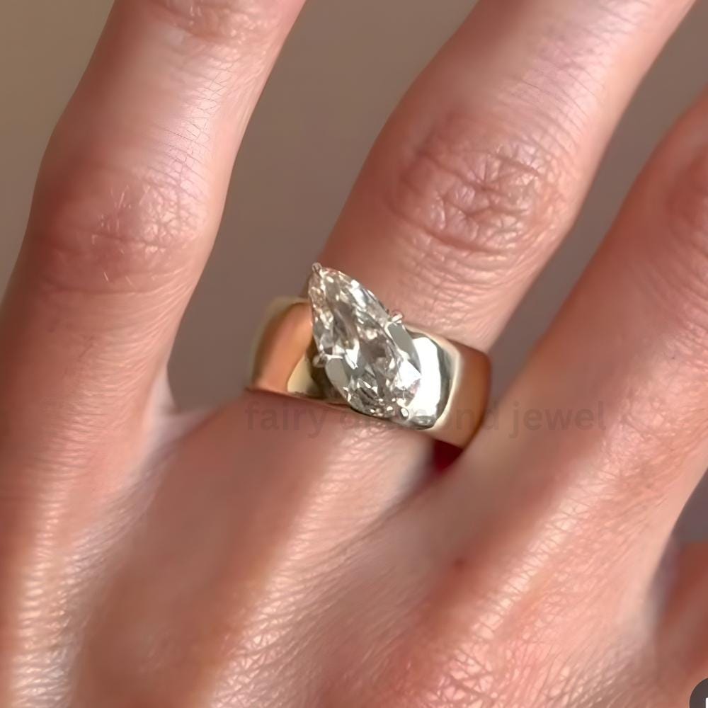 Pear Cut Moissanite Wedding Ring, 14K Yellow Gold 8mm Wide Teardrop Diamond Engagement Band