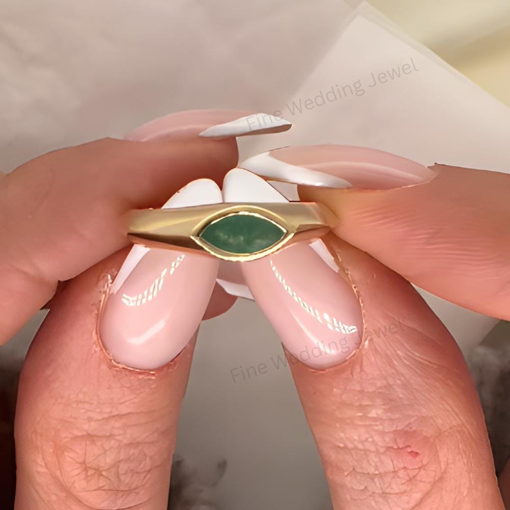 Marquise Emerald Signet Ring, Bezel Set 14K Gold Solitaire Band