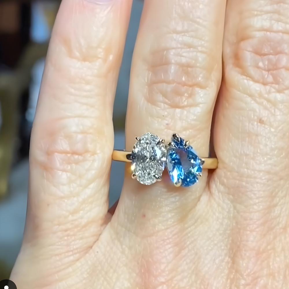 14K Gold Toi et Moi Ring: Pear Aquamarine & Oval Moissanite Engagement