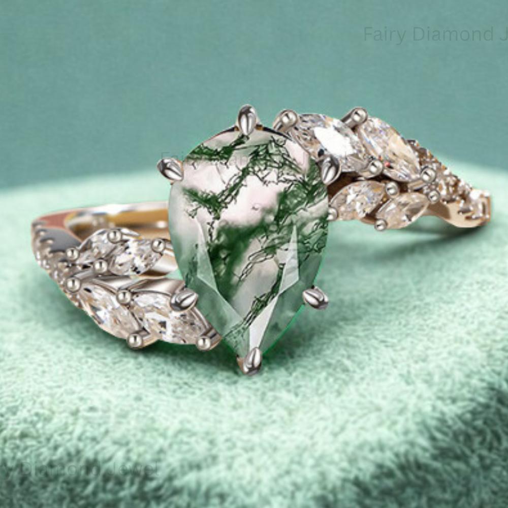 Pear Moss Agate Engagement Ring: Leaf 14K White Gold Bridal Band