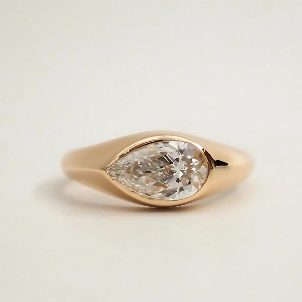 2 Carat East West Pear Moissanite Engagement Ring, Bezel Set 14K Solid Gold Wedding Solitaire Band, Chunky Thick Bridal Engagement Ring