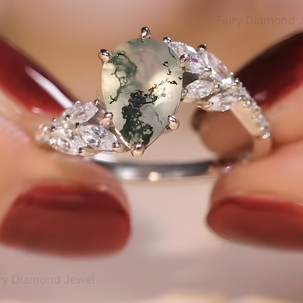 Pear Moss Agate Engagement Ring: Leaf 14K White Gold Bridal Band