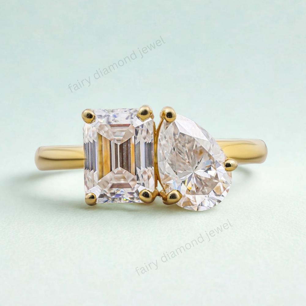 Moissanite Toi et Moi Ring: Pear & Emerald Cut, 14K Yellow Gold