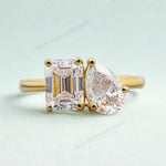 Load image into Gallery viewer, Moissanite Toi et Moi Ring: Pear &amp; Emerald Cut, 14K Yellow Gold
