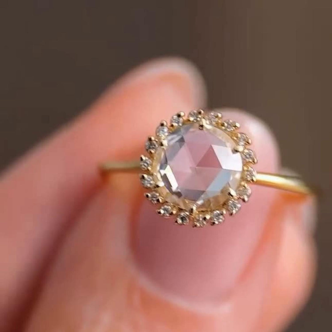 Rose Cut Moissanite Engagement Ring: 14K Gold Halo, Anniversary Ring