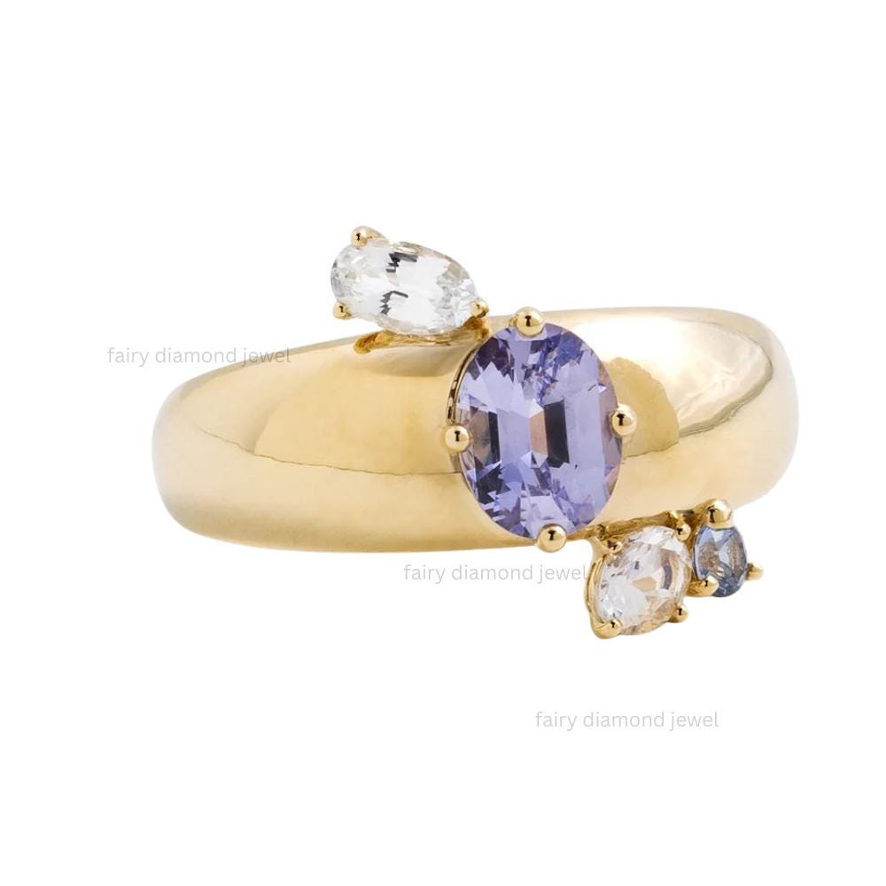 Lavender Sapphire Gold Cigar Band Ring, Rainbow Moonstone, 14k Solid Gold