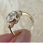 Load image into Gallery viewer, Antique Oval Moissanite Three Stone Ring: 14K Yellow Gold Bezel Wedding Band
